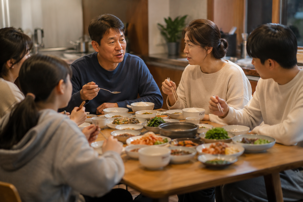Korean family sharing a home-cooked meal