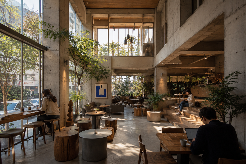 A modern coffee bar inside a traditional Korean hanok