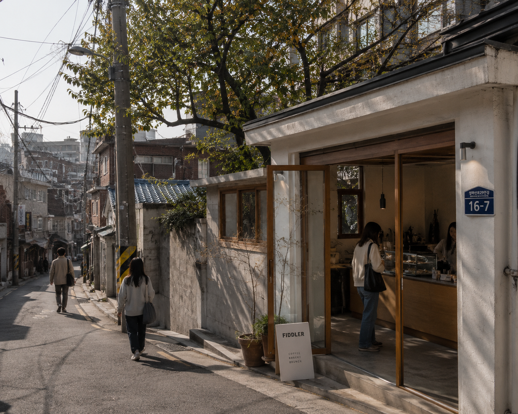 A modern café nestled among older buildings on a Seoul neighborhood street