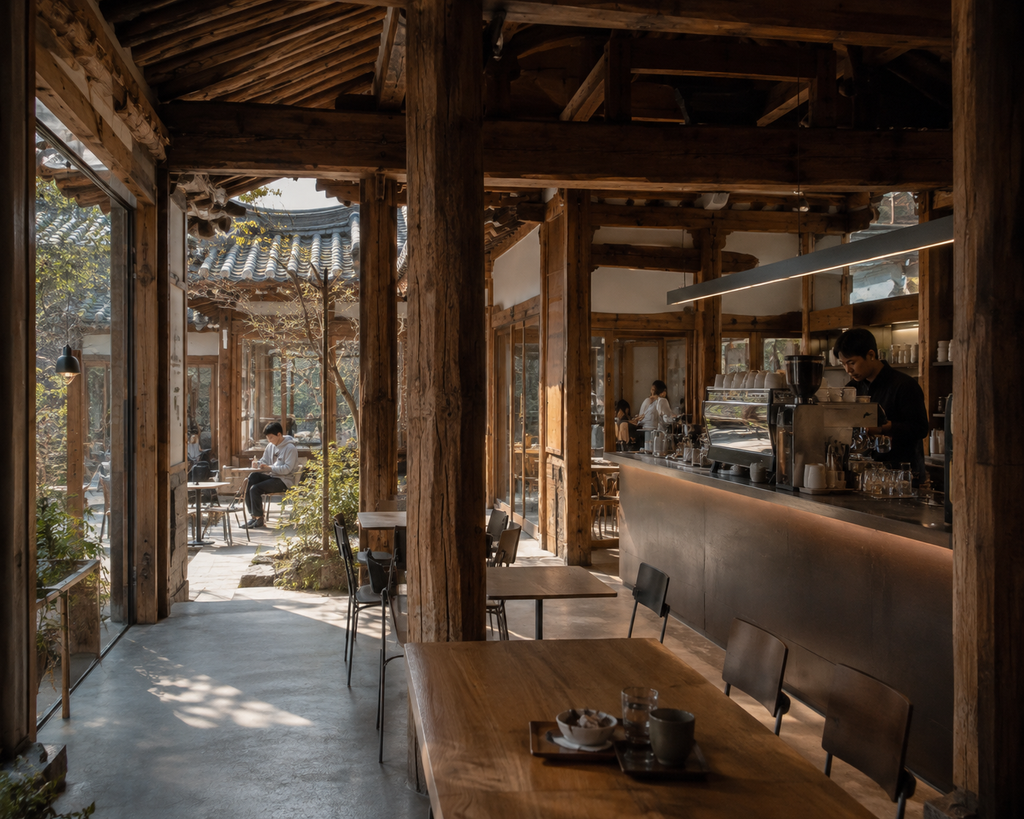 People reading and working in a spacious sunlit café in Seoul