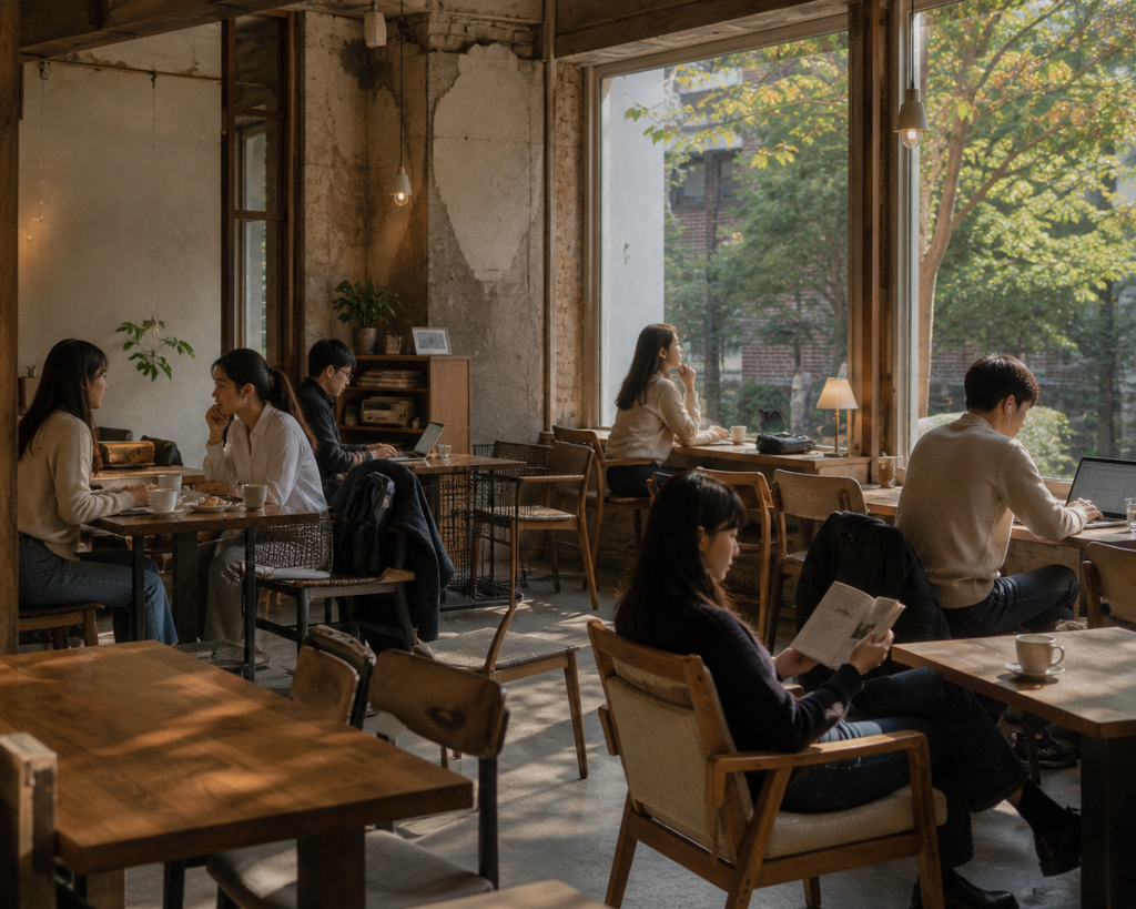 People reading, working, chatting, and relaxing in a Seoul café