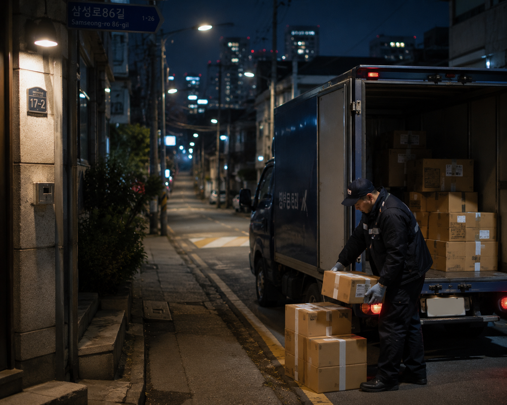 A delivery driver making late-night deliveries on a quiet Seoul street