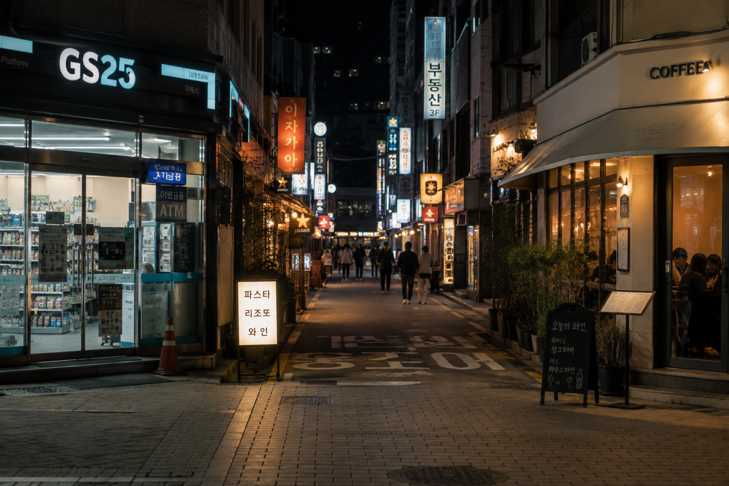 A lively Seoul street at night with restaurants, cafés, and a convenience store still open