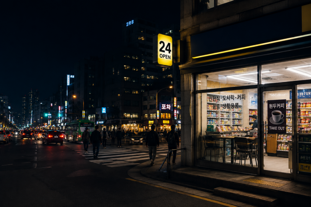 Korean convenience store open 24 hours on a busy Seoul street at night