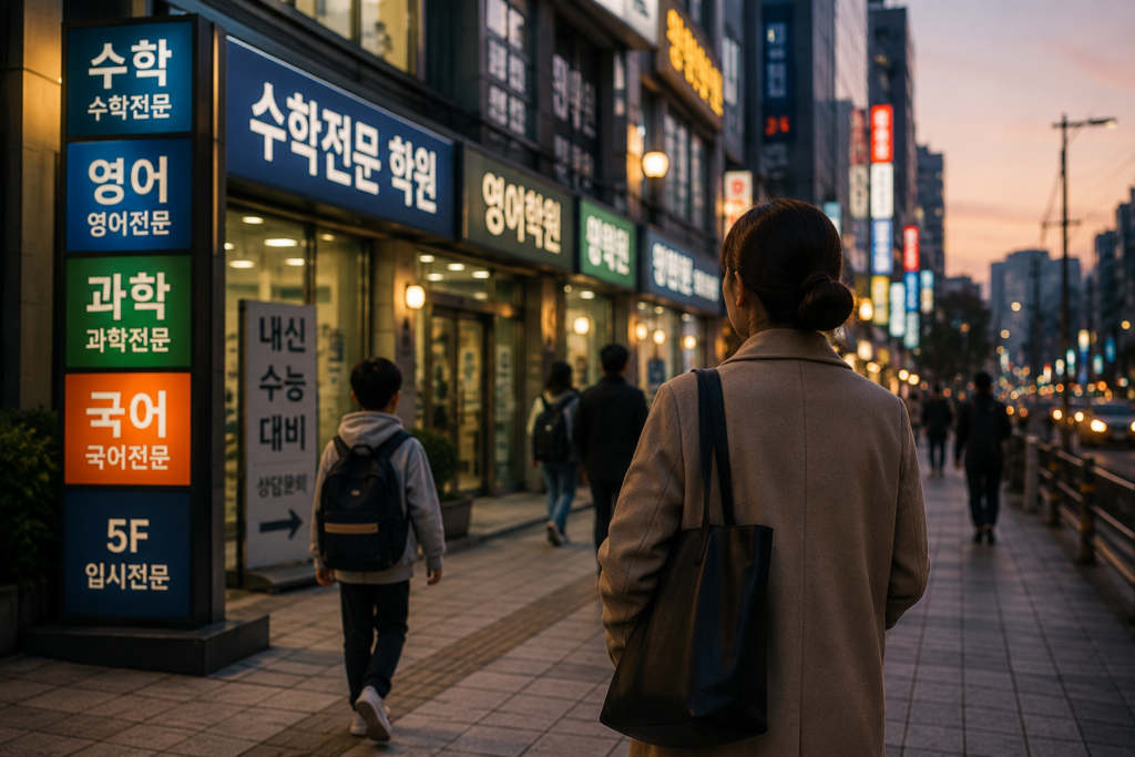 Korean parents and students outside private academies in Seoul at dusk