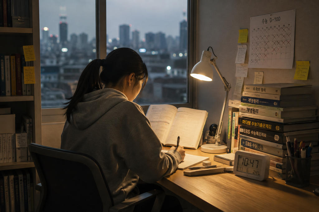 A Korean student studying late at night with exam preparation books