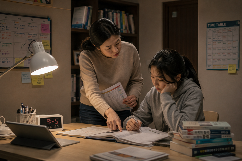 A Korean mother helping her daughter with homework and managing her study schedule