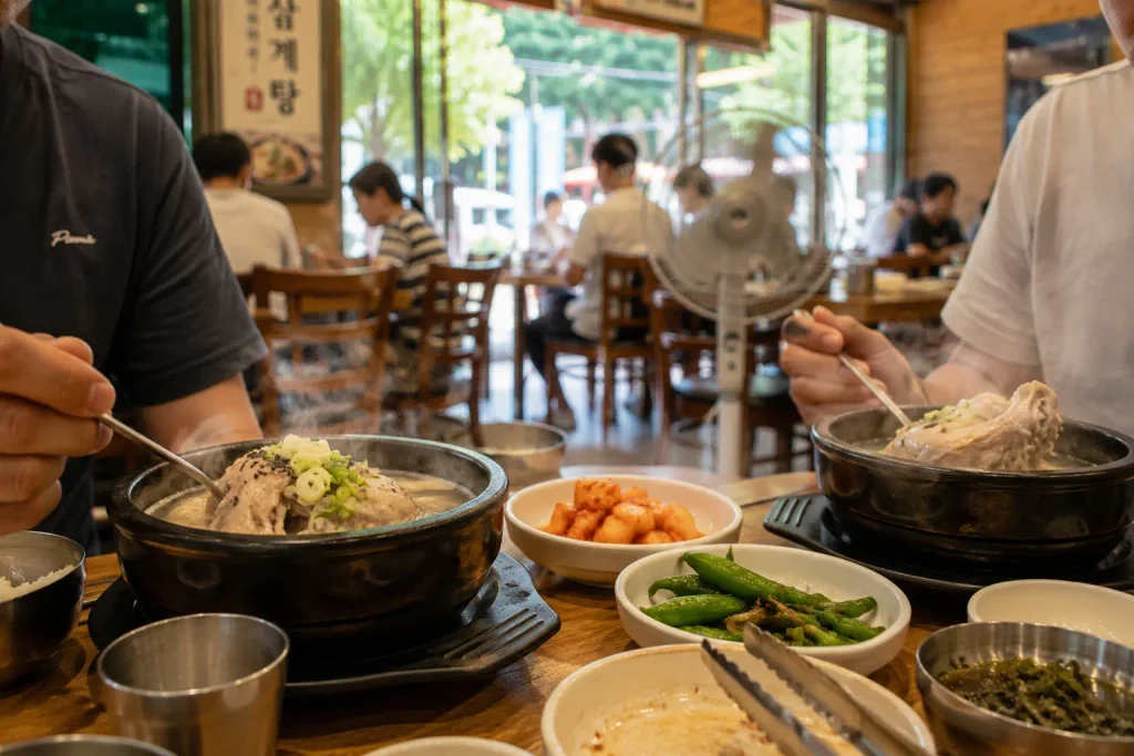 Family sharing hot Korean soup and side dishes at a restaurant