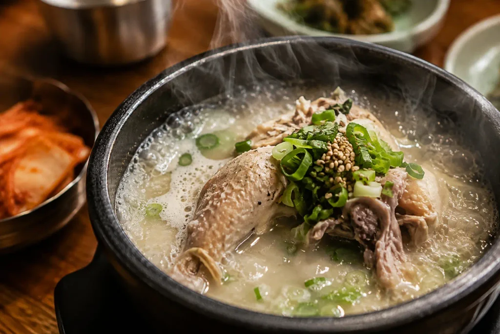 Korean diners enjoying steaming soup and side dishes at a restaurant