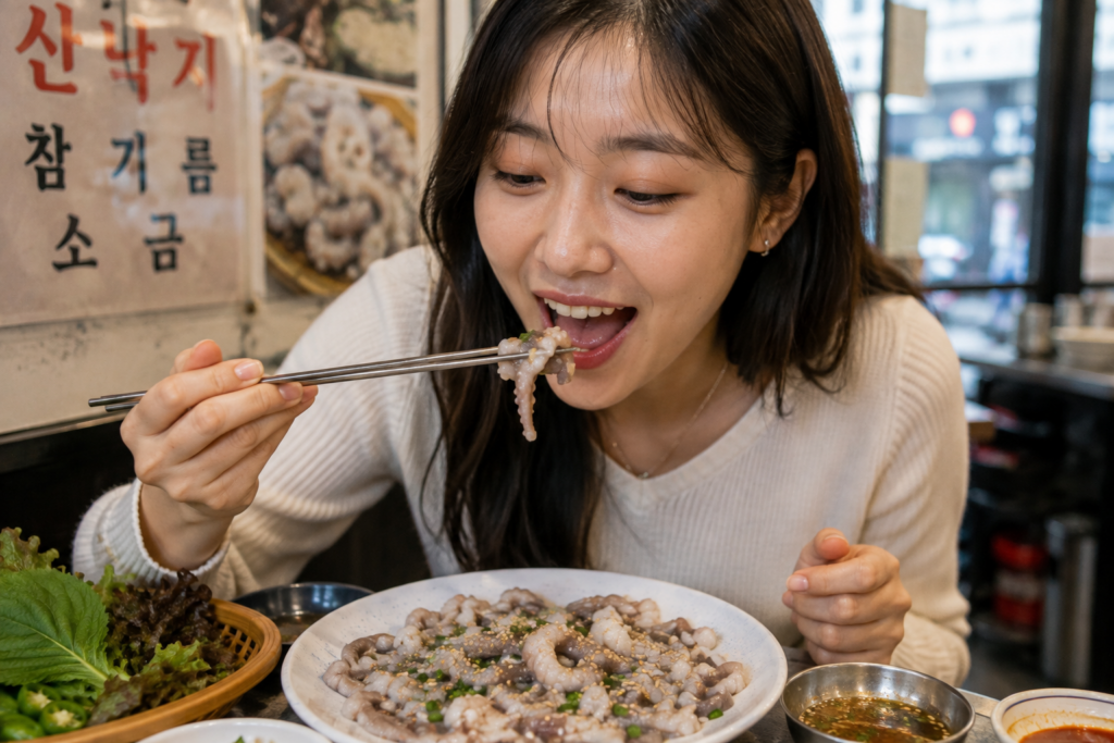 Korean woman eating sannakji at a Korean restaurant