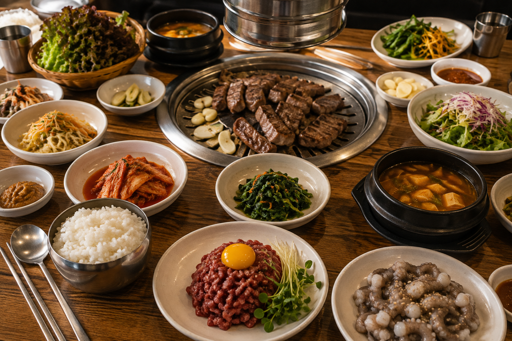 A Korean meal with grilled meat, soup, rice, side dishes, yukhoe, and raw octopus