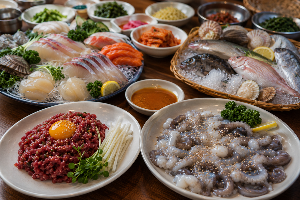 Korean raw dishes including sashimi, yukhoe, and fresh octopus