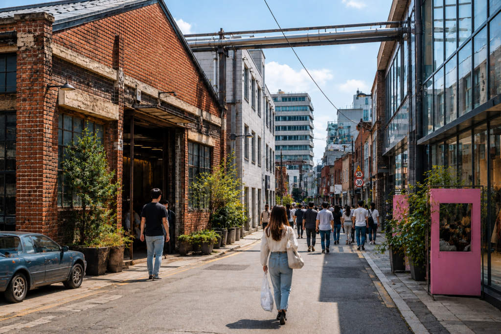 Seongsu Seoul street with former industrial buildings and modern shops