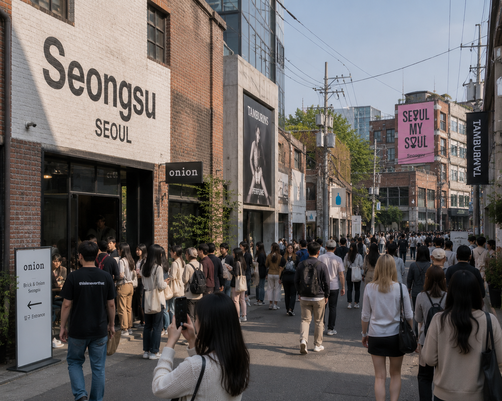 International visitors exploring cafés, shops, and streets in Seongsu, Seoul