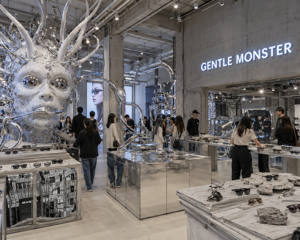 Inside a theatrical Gentle Monster flagship store in Seongsu, Seoul