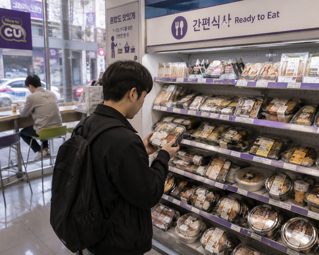 A customer choosing a ready-made meal at a Korean convenience store