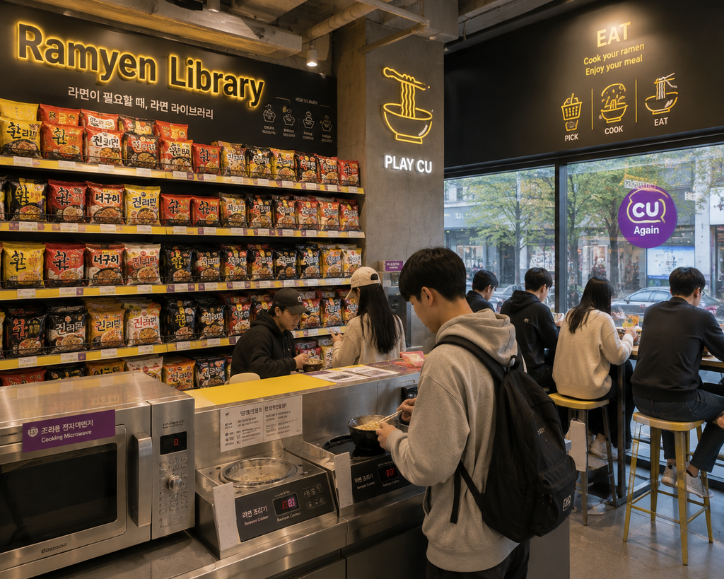 Customers choosing and cooking instant noodles at a Korean convenience store ramen library