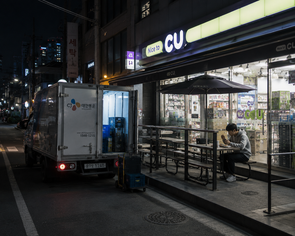 A late-night delivery truck parked outside a Korean convenience store while a customer eats at an outdoor table