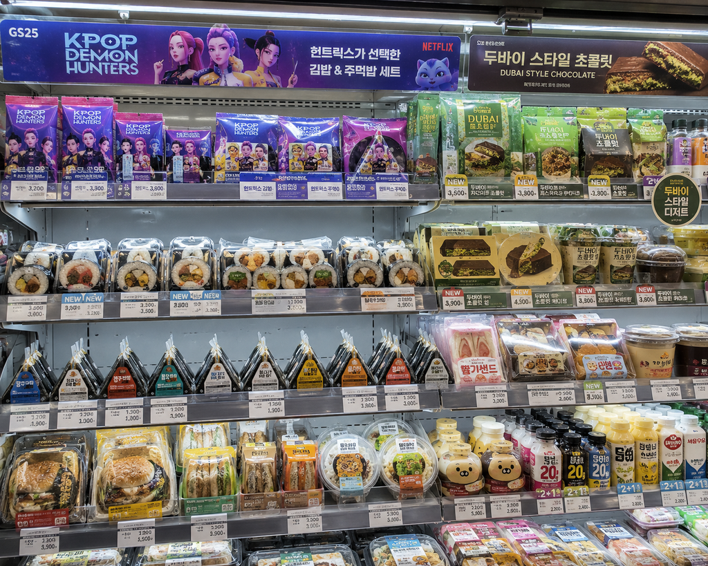 A Korean convenience store display filled with trendy gimbap, snacks, and limited-edition food collaborations