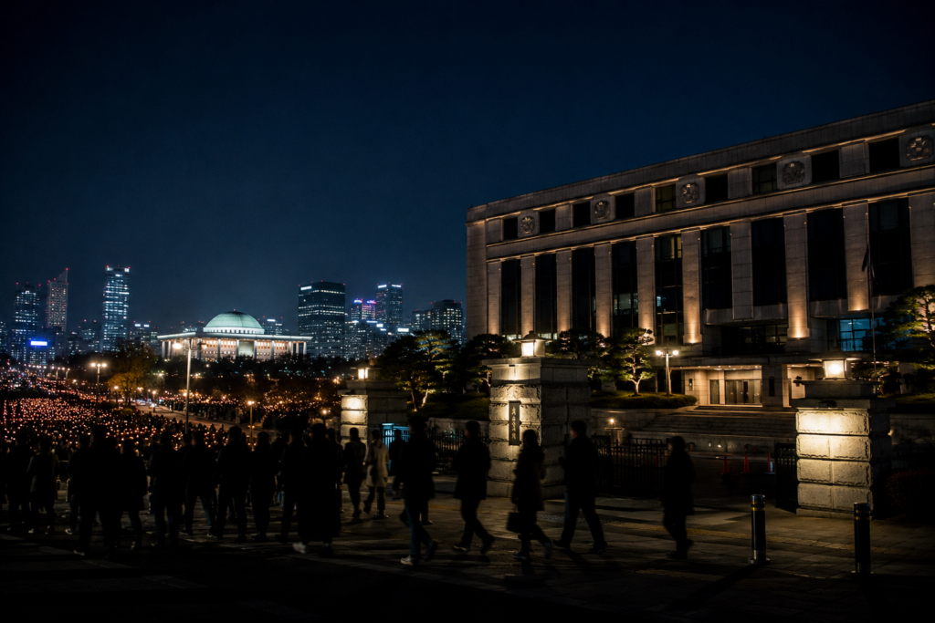 Seoul at night with the National Assembly and a candlelight gathering in the foreground