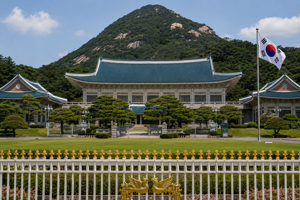 South Korea's presidential office with the national flag and Bukaksan mountain in Seoul