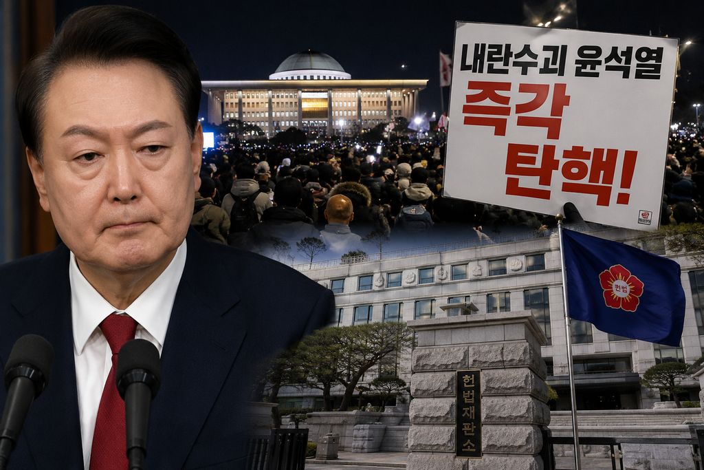 South Korean President Yoon Suk Yeol during the 2024 martial law crisis, with protesters and the Constitutional Court in Seoul