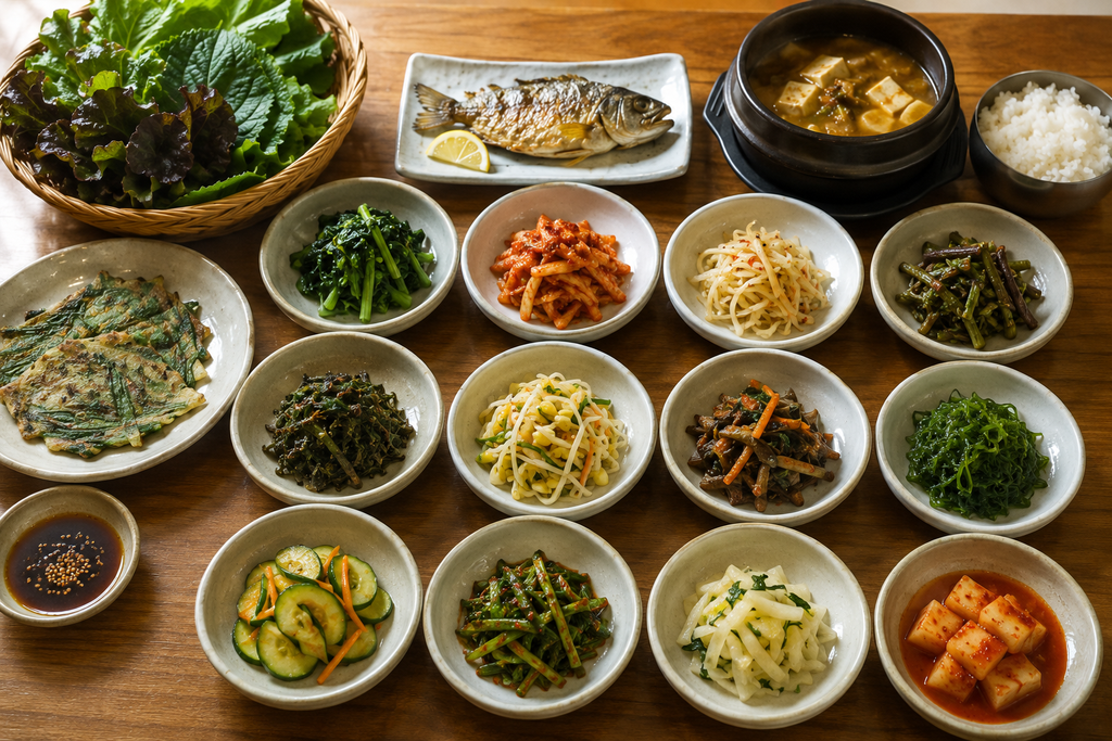 A seasonal Korean meal with rice, soup, grilled fish, and assorted banchan