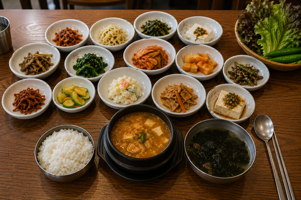 A generous Korean meal with rice, soup, and numerous small banchan side dishes