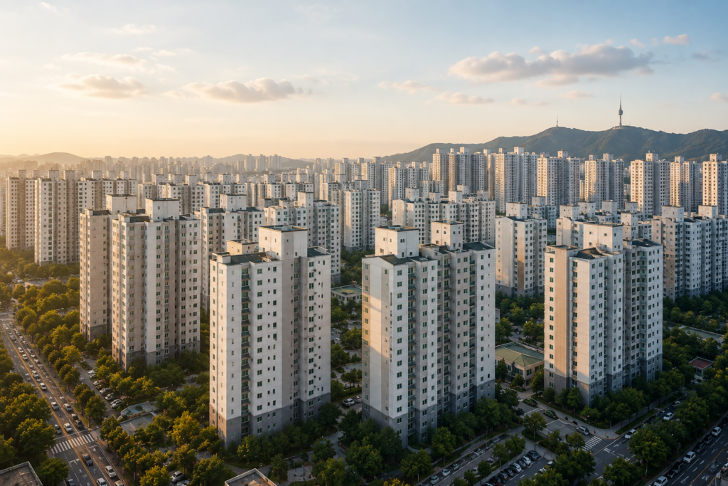 Rows of similar high-rise apartment towers across a Korean city at sunset