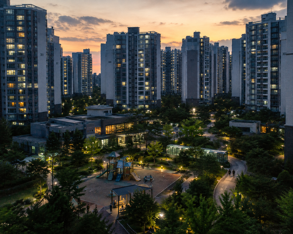 People walking through a Korean apartment complex at dusk, surrounded by residential towers, trees, pathways, and a playground