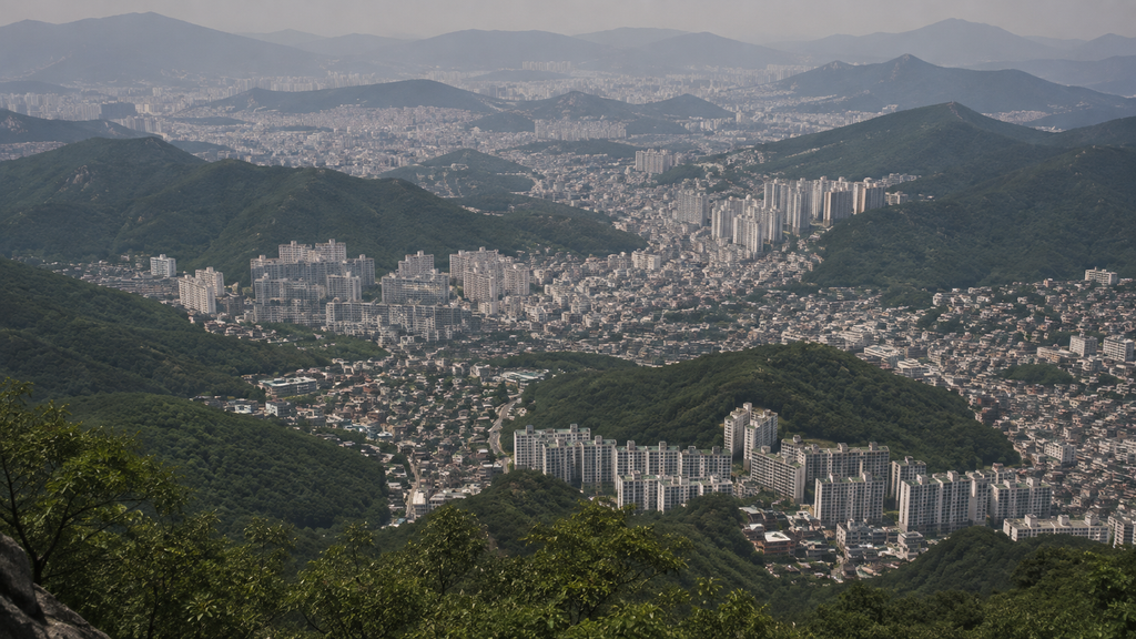 A panoramic view of Seoul surrounded by forested mountains, with apartment towers, low-rise neighborhoods, and roads filling the valleys  