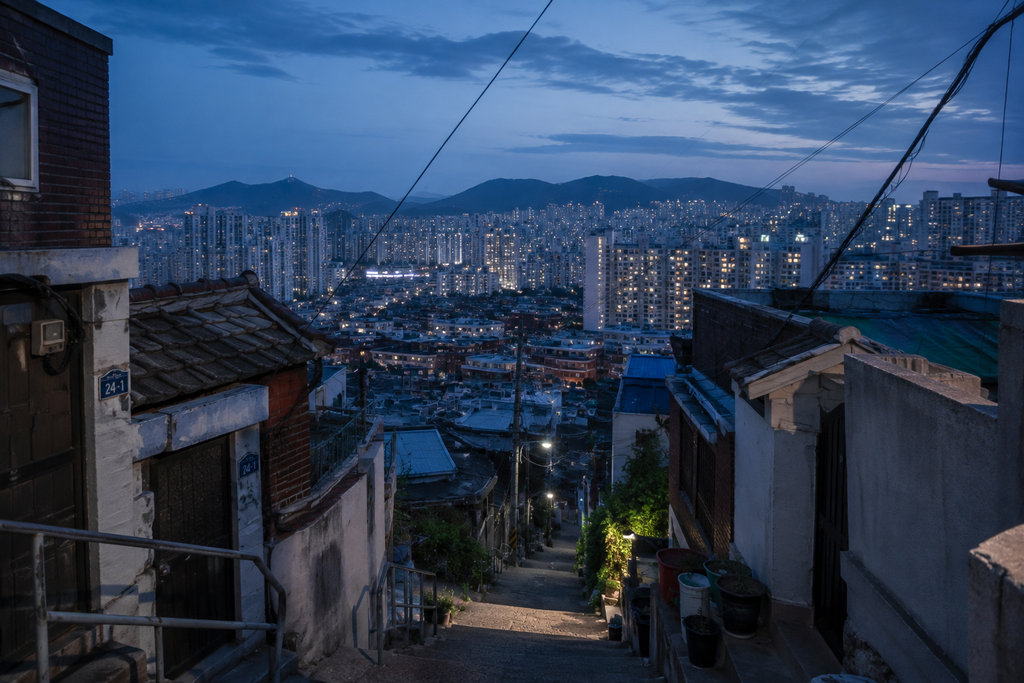A lived-in hillside neighborhood overlooking Seoul's apartment towers and city lights at blue hour