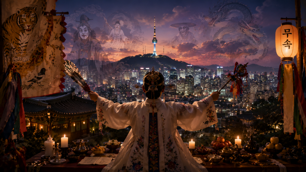 Korean shamanic folklore overlooking modern Seoul at dusk