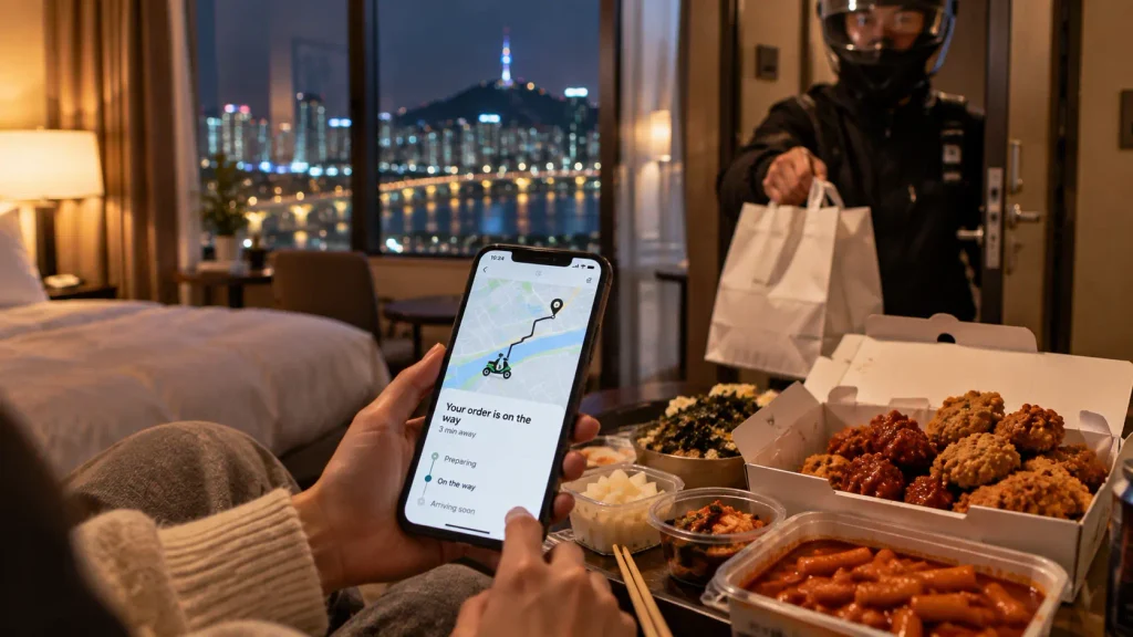 Food delivery tracking on a phone in Seoul