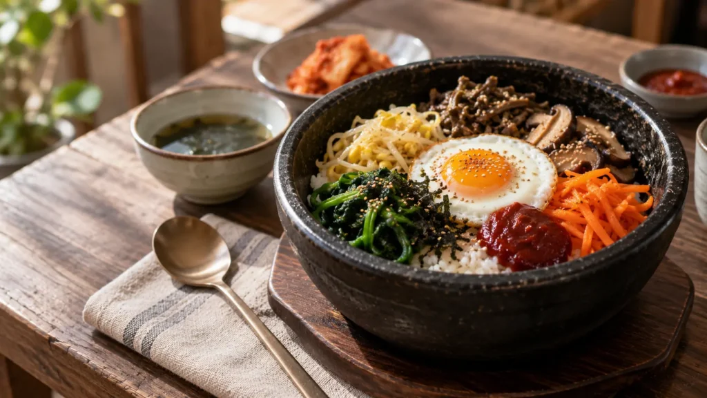 Bibimbap arranged with vegetables, egg and gochujang before mixing