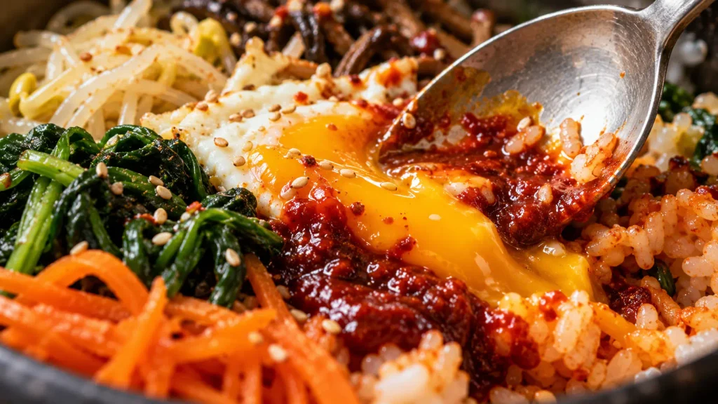 Gochujang, egg yolk and vegetables being mixed into bibimbap
