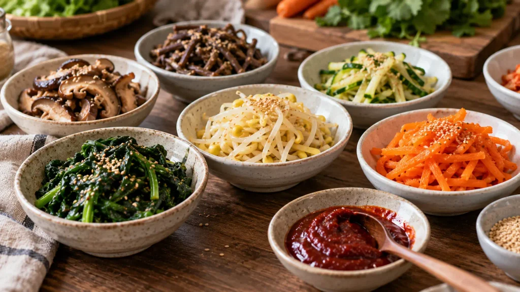 Seasoned Korean vegetables prepared for bibimbap
