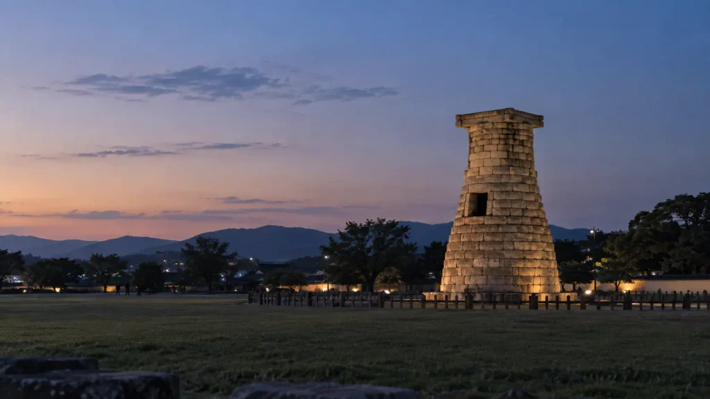 Cheomseongdae Observatory standing alone at twilight in Gyeongju