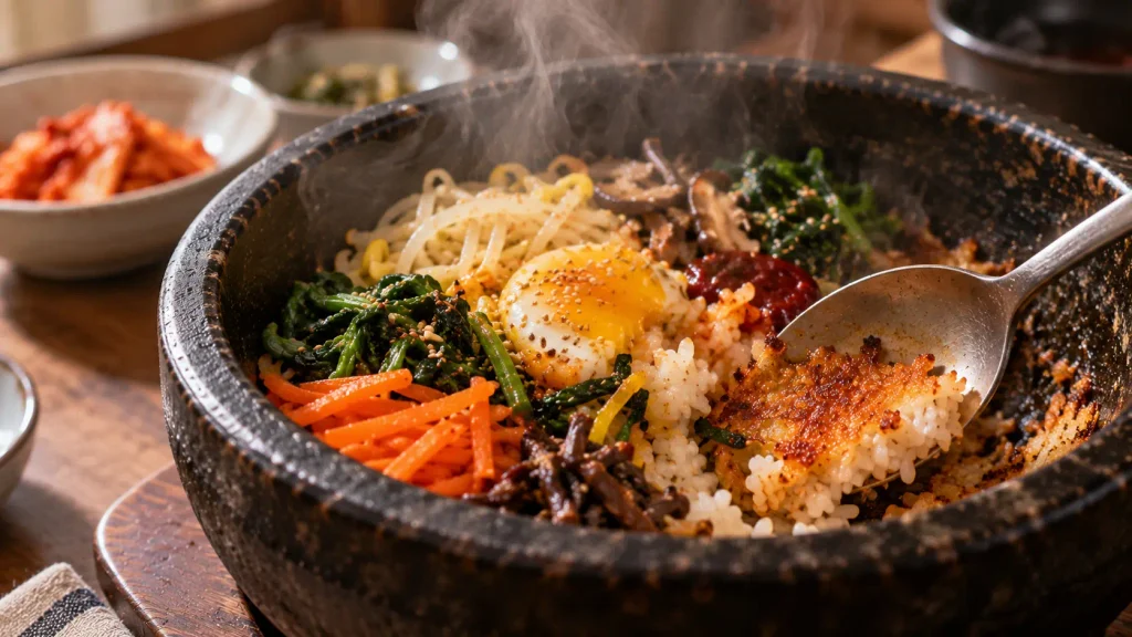 Dolsot bibimbap with crispy rice forming at the bottom of a hot stone bowl
