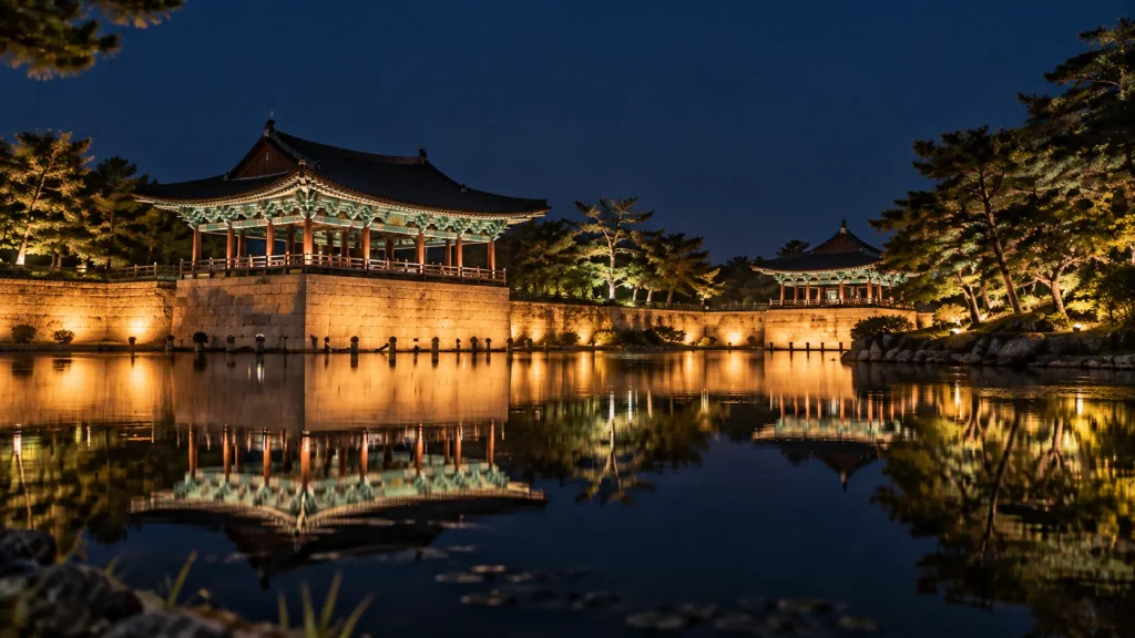 Donggung Palace reflected across Wolji Pond at night in Gyeongju