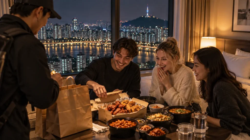 Foreign tourists ordering Korean food delivery in Seoul
