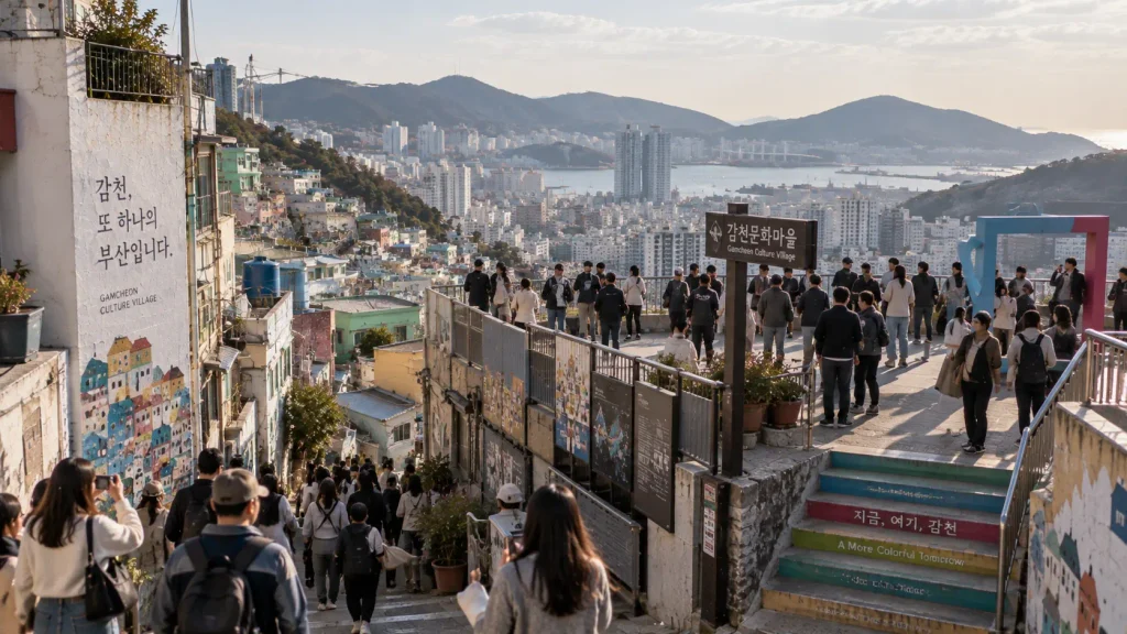 Visitors moving through Gamcheon Culture Village in Busan