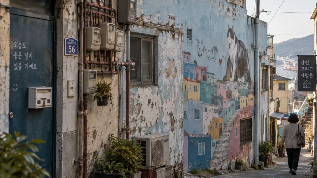 Public art and murals integrated into the residential streets of Gamcheon Culture Village