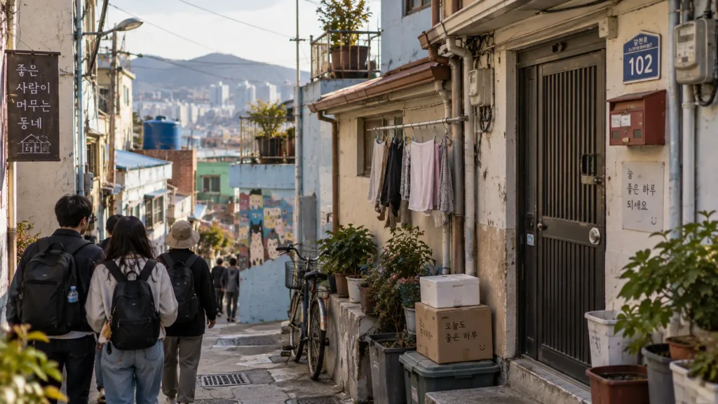 Tourists walking through a residential alley shared with local residents in Gamcheon