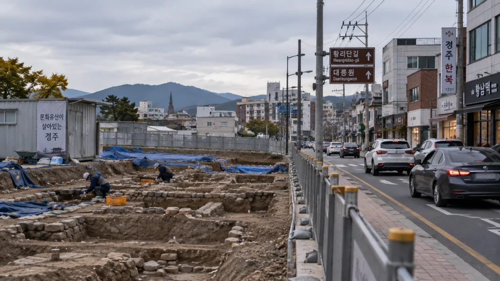 An archaeological site beside an ordinary modern street in Gyeongju
