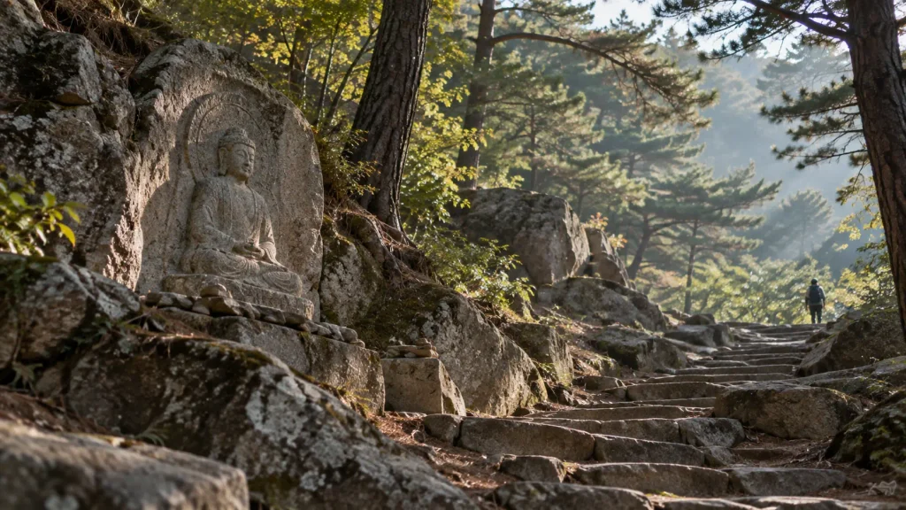 Ancient Buddhist stone remains among trees on Namsan in Gyeongju
