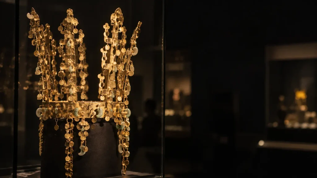 A Silla gold crown from Cheonmachong displayed inside a museum in Gyeongju