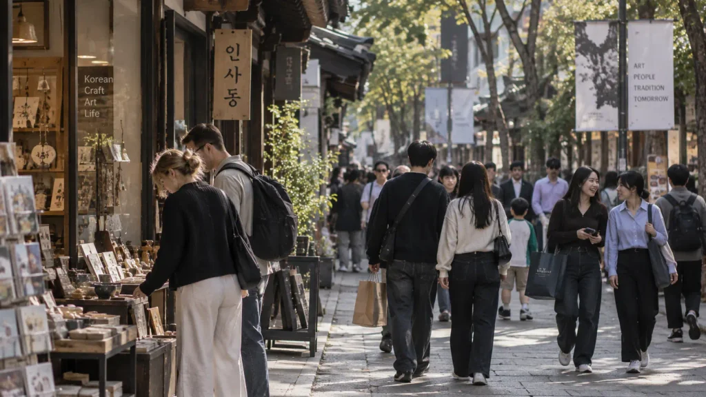 Local residents and international visitors sharing a weekend street in Insadong Seoul