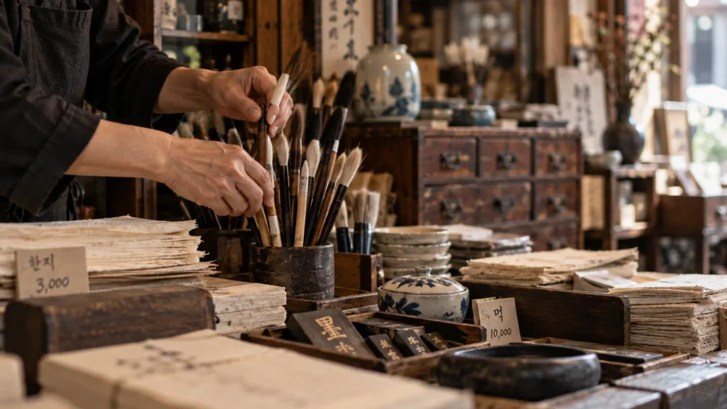 Traditional paper, brushes and craft objects inside an Insadong shop in Seoul