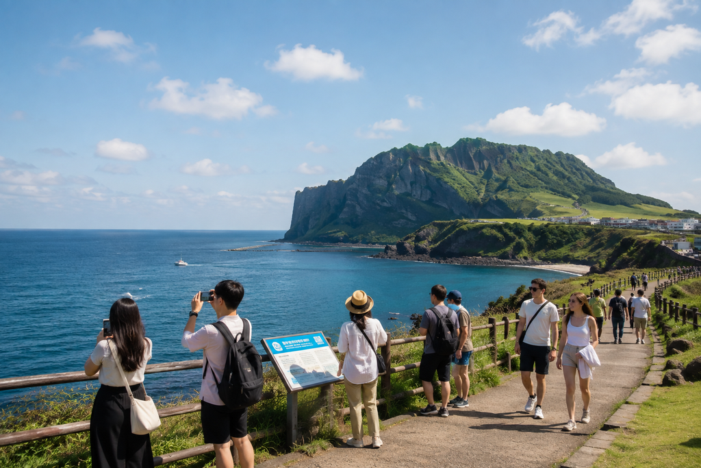 International visitors exploring Jeju Island in South Korea
